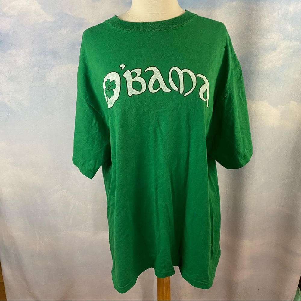 Green Graphic Tee with White 'O'Bama' Script and Shamrock St. Patrick’s Day XL